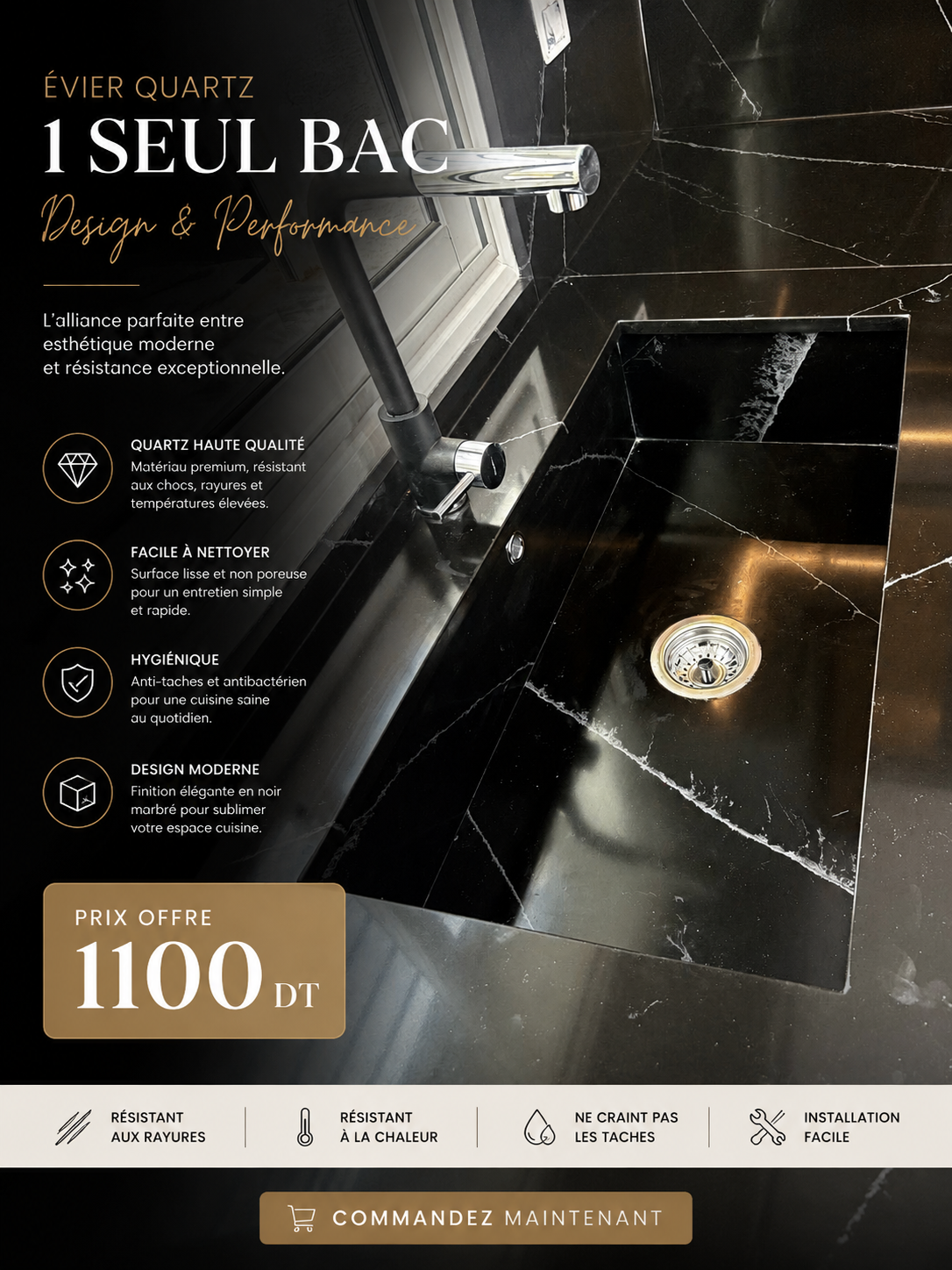 Évier Quartz Noir Premium – 1 Bac