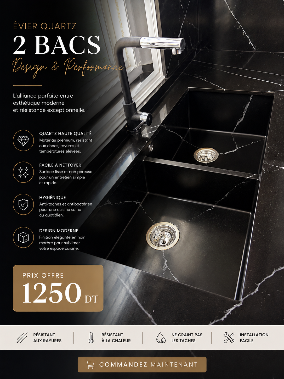 Évier Quartz Noir Premium – 2 Bacs